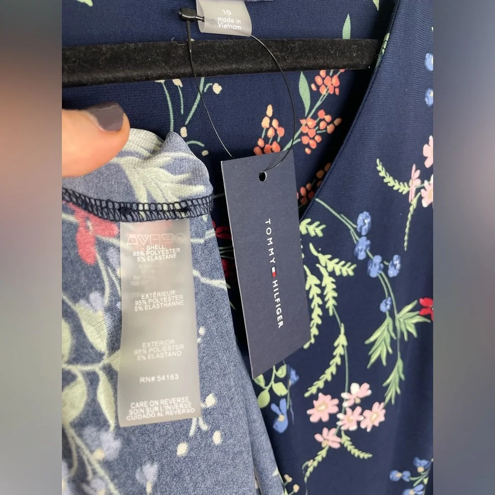 Tommy Hilfiger A-Line Dress 10 NWT Navy Blue Dark Floral Stretch Puff Sleeve - Picture 8 of 9